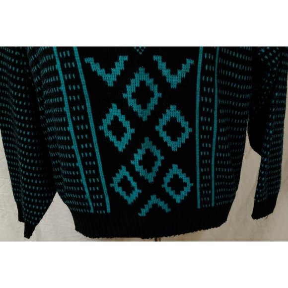 Vtg. G.F.C. Womens M/L Black Aqua Geometric Long Sleeve Made in NY USA Sweater - Picture 5 of 12